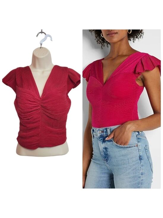 Express Tops - Express Hot Pink Pleated Flutter Sleeve Crop Top Medium